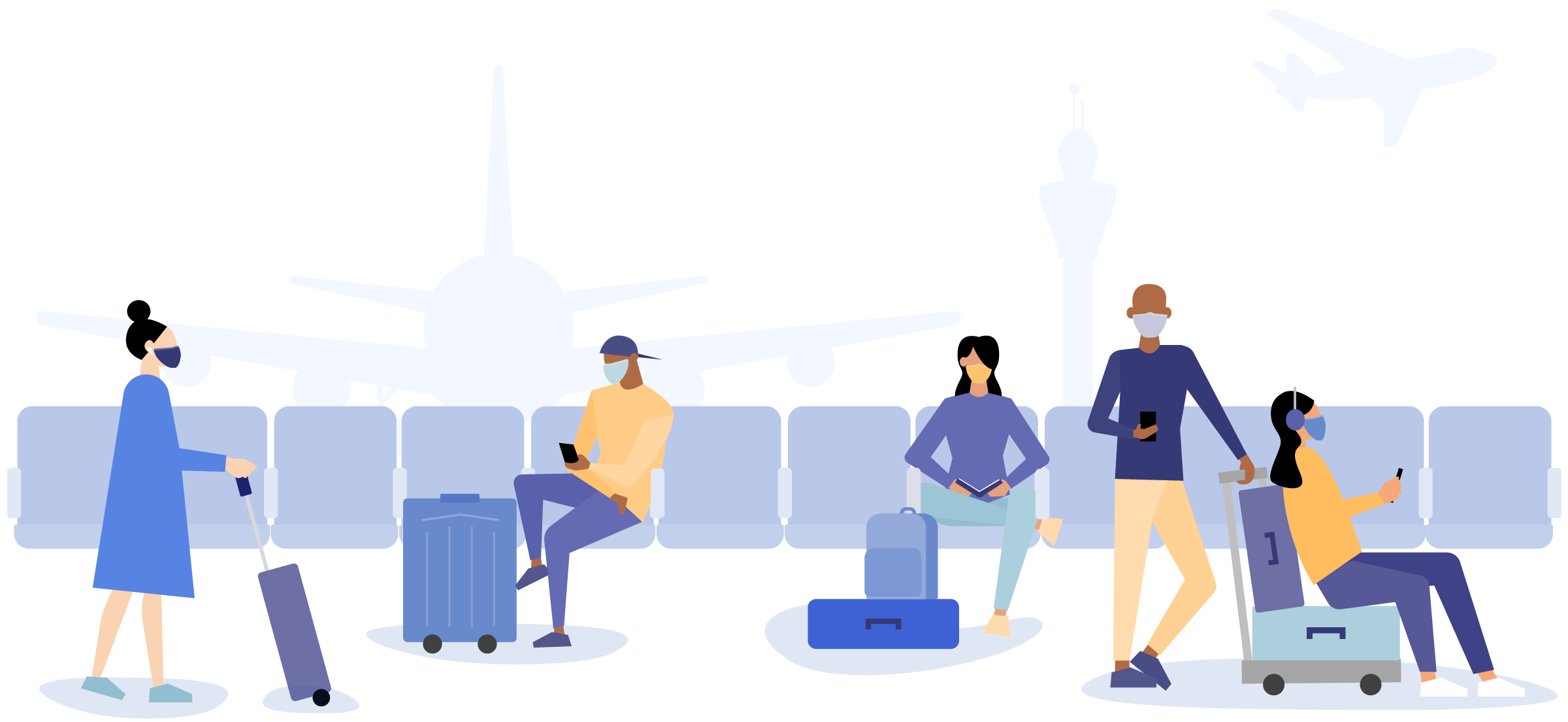 Illustration of 6 people waiting at the airport waiting for their group flight